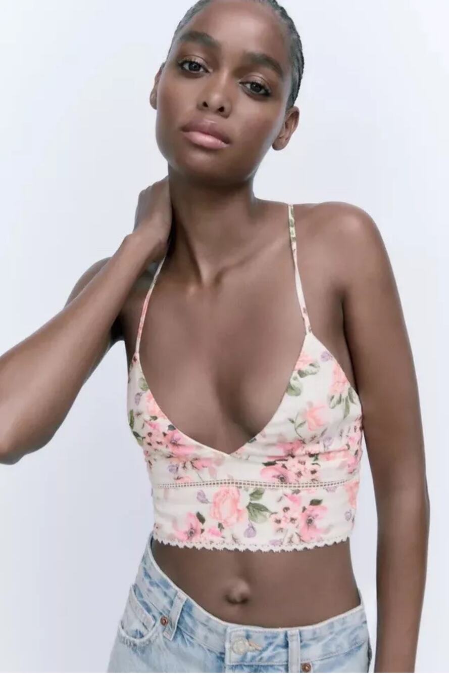 ZARA Longline Halter Bra Crop Top Pink Floral Print S